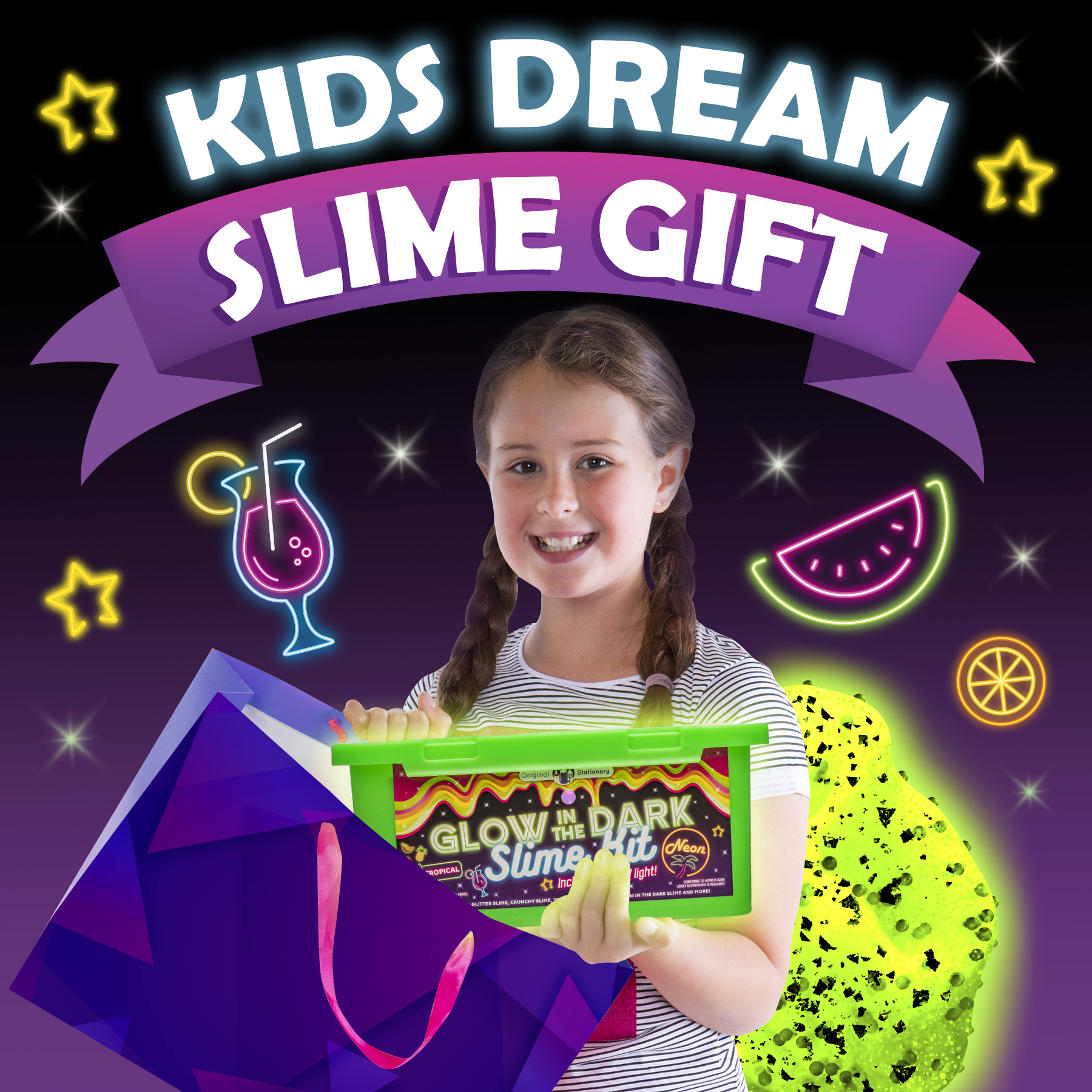 Original Stationery Glow in The Dark Slime Making Kit to Make Neon Crunchy Slime Floam and Jelly Cube Slime Great Slime Kits for Girls and Birthday Gift for 11 year old girl Glitter Add in’s 